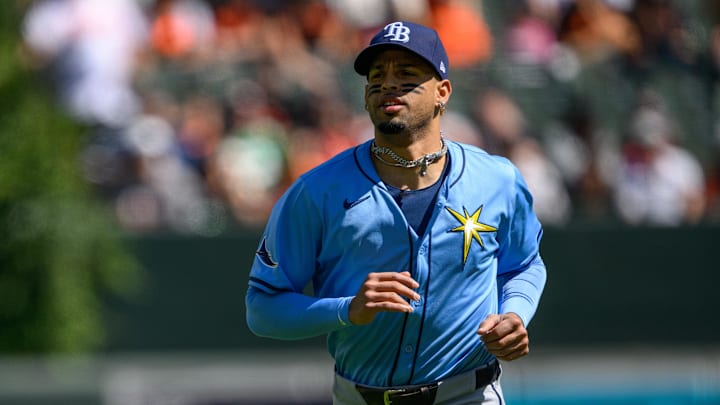 Sep 8, 2024; Baltimore, Maryland, USA; Tampa Bay Rays second baseman Christopher Morel (24) warms up before the game between the Baltimore Orioles and the Tampa Bay Rays at Oriole Park at Camden Yards. Mandatory Credit: Reggie Hildred-Imagn Images