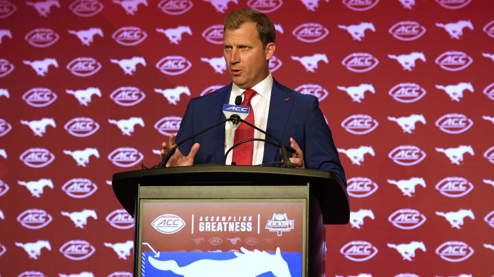 SMU head coach Rhett Lashlee speaks to the media during ACC Kickoff. The Mustangs join the ACC this academic year. 