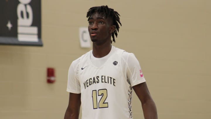 Chris Nwuli (12) stands on the court during an AAU basketball game July 5, 2023, at the Nike EYBL Peach Jam in North Augusta, S.C.