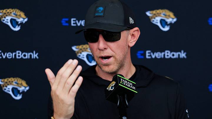 Jacksonville Jaguars head coach Liam Coen speaks to members of the media after the first day of NFL Training Camp at the Miller Electric Center on Wednesday, July 29, 2026, in Jacksonville, Fla.