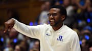 Oct 21, 2022; Durham, North Carolina, US; Duke Blue Devils assistant coach Jai Lucas during Countdown to Craziness at Cameron Indoor Stadium. Mandatory Credit: Rob Kinnan-Imagn Images