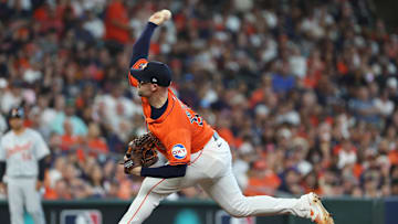 Oct 2, 2024; Houston, Texas, USA; Houston Astros pitcher Ryan Pressly (55) throws against the Detroit Tigers during the eighth inning of game two of the Wildcard round for the 2024 MLB Playoffs at Minute Maid Park. Mandatory Credit: Thomas Shea-Imagn Images