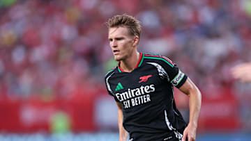 Jul 31, 2024; Philadelphia, PA, USA; Arsenal midfielder Martin Odegaard (8) in action against Liverpool at Lincoln Financial Field. Mandatory Credit: Bill Streicher-Imagn Images
