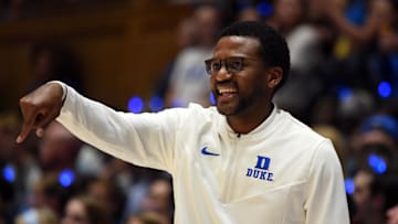 Oct 21, 2022; Durham, North Carolina, US; Duke Blue Devils assistant coach Jai Lucas during Countdown to Craziness at Cameron Indoor Stadium. Mandatory Credit: Rob Kinnan-Imagn Images