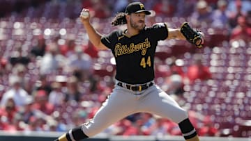 Sep 27, 2021; Cincinnati, Ohio, USA; Pittsburgh Pirates starting pitcher Cody Ponce (44) throws a pitch against the Cincinnati Reds during the second inning at Great American Ball Park. Mandatory Credit: David Kohl-Imagn Images