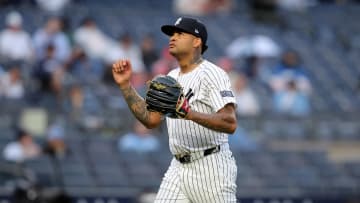 Aug 7, 2024; Bronx, New York, USA; New York Yankees starting pitcher Luis Gil (81) reacts during the fifth inning against the Los Angeles Angels at Yankee Stadium. Mandatory Credit: Brad Penner-USA TODAY Sports