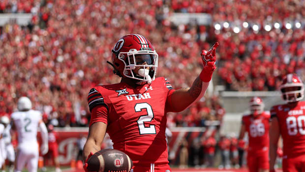 Utah Utes running back Micah Bernard (2) celebrates a touchdown against the Baylor Bears