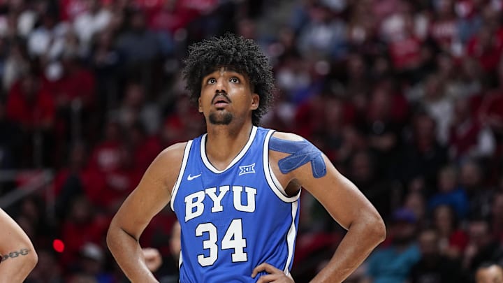 Jan 10, 2026; Salt Lake City, Utah, USA; BYU Cougars center Abdullah Ahmed (34) looks on during the second half against the Utah Utes at Jon M. Huntsman Center. Mandatory Credit: Aaron Baker-Imagn Images