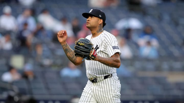 Aug 7, 2024; Bronx, New York, USA; New York Yankees starting pitcher Luis Gil (81) reacts during the fifth inning against the Los Angeles Angels at Yankee Stadium. Mandatory Credit: Brad Penner-USA TODAY Sports