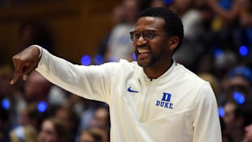 Oct 21, 2022; Durham, North Carolina, US; Duke Blue Devils assistant coach Jai Lucas during Countdown to Craziness at Cameron Indoor Stadium. Mandatory Credit: Rob Kinnan-Imagn Images