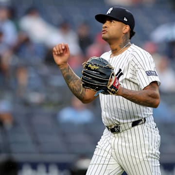 Aug 7, 2024; Bronx, New York, USA; New York Yankees starting pitcher Luis Gil (81) reacts during the fifth inning against the Los Angeles Angels at Yankee Stadium. Mandatory Credit: Brad Penner-Imagn Images