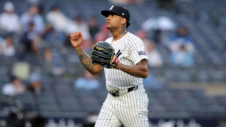 Aug 7, 2024; Bronx, New York, USA; New York Yankees starting pitcher Luis Gil (81) reacts during the fifth inning against the Los Angeles Angels at Yankee Stadium. Mandatory Credit: Brad Penner-Imagn Images