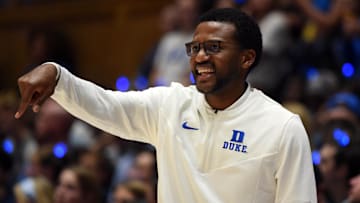 Oct 21, 2022; Durham, North Carolina, US; Duke Blue Devils assistant coach Jai Lucas during Countdown to Craziness at Cameron Indoor Stadium. Mandatory Credit: Rob Kinnan-Imagn Images