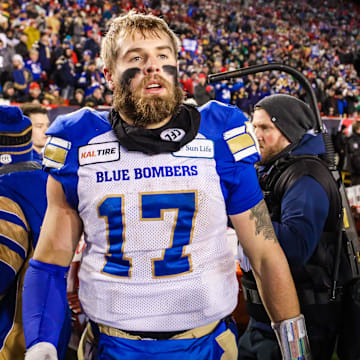 Nov 24, 2019; Calgary, Alberta, CAN; Winnipeg Blue Bombers quarterback Chris Streveler (17) reacts on the sideline against the Hamilton Tiger-Cats in the second half during the 107th Grey Cup championship football game at McMahon Stadium. Mandatory Credit: Sergei Belski-Imagn Images