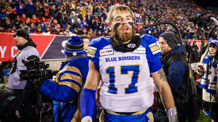 Nov 24, 2019; Calgary, Alberta, CAN; Winnipeg Blue Bombers quarterback Chris Streveler (17) reacts on the sideline against the Hamilton Tiger-Cats in the second half during the 107th Grey Cup championship football game at McMahon Stadium. Mandatory Credit: Sergei Belski-Imagn Images