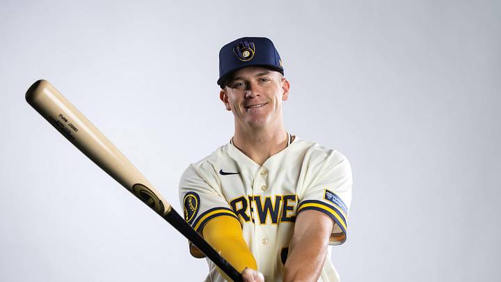 Feb 20, 2026; Phoenix, AZ, USA; Milwaukee Brewers infielder Cooper Pratt poses for a portrait during photo day at American Family Fields of Phoenix. Mandatory Credit: Mark J. Rebilas-Imagn Images