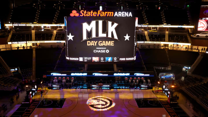 Jan 18, 2021; Atlanta, Georgia, USA; The State Farm Arena is shown before a MLK day game between the Atlanta Hawks and the Minnesota Timberwolves on Martin Luther King Day. 