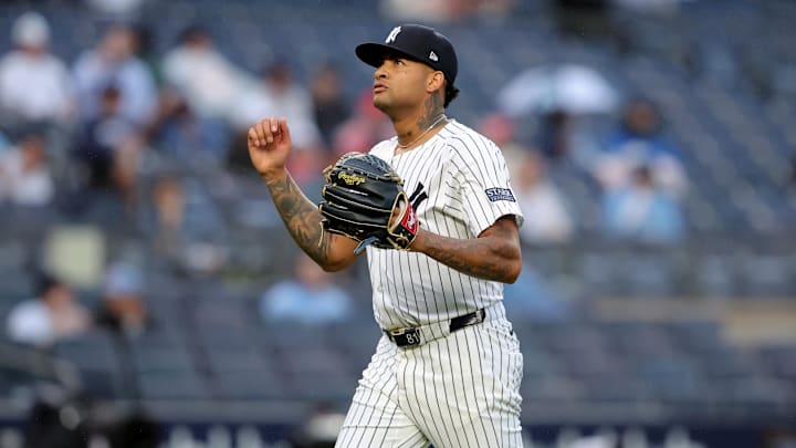 Aug 7, 2024; Bronx, New York, USA; New York Yankees starting pitcher Luis Gil (81) reacts during the fifth inning against the Los Angeles Angels at Yankee Stadium. Mandatory Credit: Brad Penner-Imagn Images