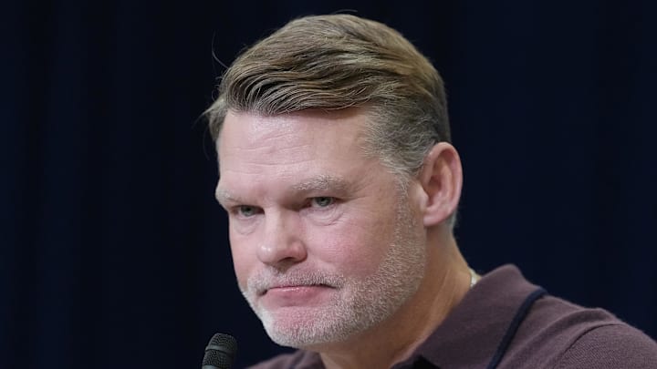 Feb 24, 2026; Indianapolis, IN, USA; Indianapolis Colts general manager Chris Ballard speaks at the NFL Scouting Combine at the Indiana Convention Center. Mandatory Credit: Kirby Lee-Imagn Images