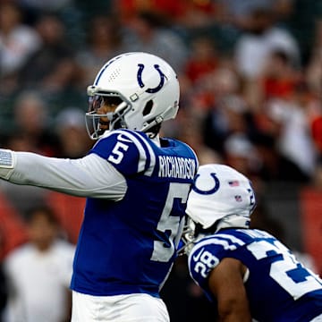 Indianapolis Colts quarterback Anthony Richardson (5) prepares to snap the ball in the first quarter of the NFL preseason game between the Cincinnati Bengals and the Indianapolis Colts at Paycor Stadium in Cincinnati on Thursday, Aug. 22, 2024.