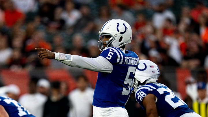 Indianapolis Colts quarterback Anthony Richardson (5) prepares to snap the ball in the first quarter of the NFL preseason game between the Cincinnati Bengals and the Indianapolis Colts at Paycor Stadium in Cincinnati on Thursday, Aug. 22, 2024.