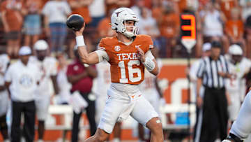 Sep 21, 2024; Austin, Texas, USA;  Texas Longhorns quarterback Arch Manning (16) throws a pass in the first half against the Louisiana Monroe Warhawks at Darrell K Royal-Texas Memorial Stadium. Mandatory Credit: Daniel Dunn-Imagn Images