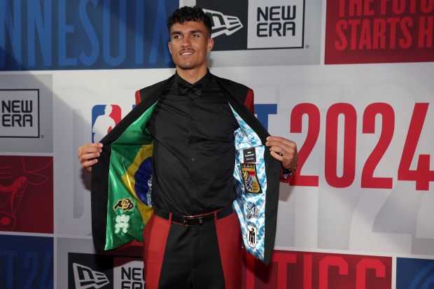 Tristan da Silva arrives for the first round of the 2024 NBA Draft at Barclays Center.