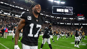 Nov 12, 2023; Paradise, Nevada, USA; Las Vegas Raiders wide receiver Davante Adams (17) celebrates
