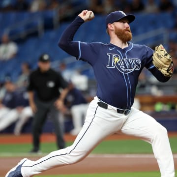 Jun 25, 2024; St. Petersburg, Florida, USA; Tampa Bay Rays pitcher Zack Littell (52) pitches against the Seattle Mariners during the first inning at Tropicana Field.