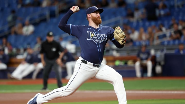 Jun 25, 2024; St. Petersburg, Florida, USA; Tampa Bay Rays pitcher Zack Littell (52) pitches against the Seattle Mariners during the first inning at Tropicana Field.