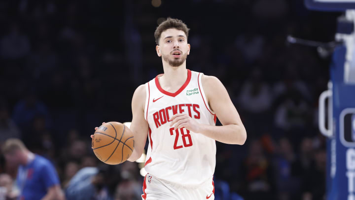 Feb 27, 2024; Oklahoma City, Oklahoma, USA; Houston Rockets center Alperen Sengun (28) dribbles the ball down the court during the second half against the Oklahoma City Thunder at Paycom Center. Mandatory Credit: Alonzo Adams-USA TODAY Sports