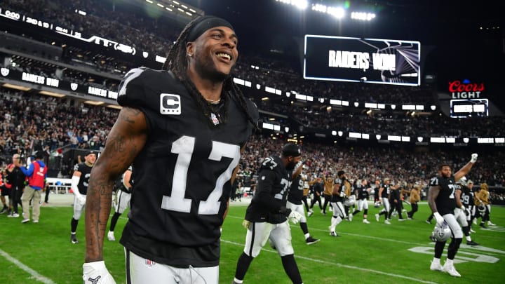 Nov 12, 2023; Paradise, Nevada, USA; Las Vegas Raiders wide receiver Davante Adams (17) celebrates the victory against the New York Jets at Allegiant Stadium. Mandatory Credit: Gary A. Vasquez-USA TODAY Sports