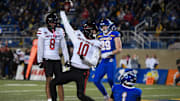 South Dakota Coyote linebacker Gary Bryant III celebrates the catch in the end zone on Saturday, Oct. 26, 2024, at Dana J. Dykhouse Stadium in Brookings, South Dakota.