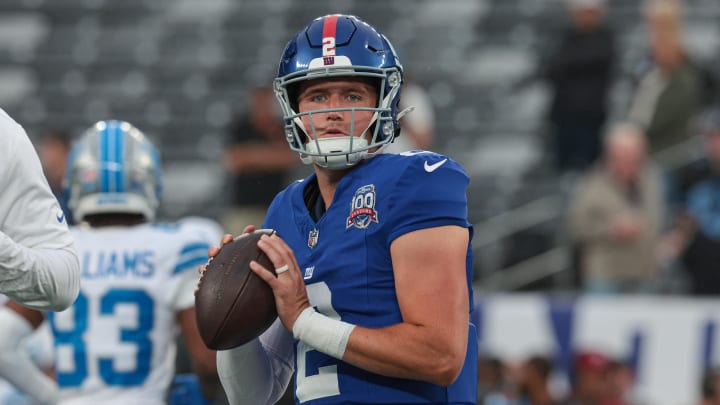 Aug 8, 2024; East Rutherford, New Jersey, USA; New York Giants quarterback Drew Lock (2) throws the ball before the game against the Detroit Lions at MetLife Stadium. Mandatory Credit: Vincent Carchietta-USA TODAY Sports