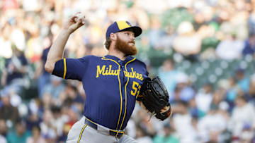 Jul 21, 2025; Seattle, Washington, USA; Milwaukee Brewers starting pitcher Brandon Woodruff (53) throws against the Seattle Mariners during the second inning at T-Mobile Park. 