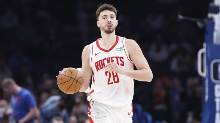 Feb 27, 2024; Oklahoma City, Oklahoma, USA; Houston Rockets center Alperen Sengun (28) dribbles the ball down the court during the second half against the Oklahoma City Thunder at Paycom Center. Mandatory Credit: Alonzo Adams-USA TODAY Sports