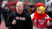 Louisville’s Jeff Brohm walks during the Card March before the game before Kentucky in the Governor’s Cup.
November 29, 2025