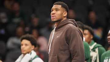 Feb 7, 2025; Atlanta, Georgia, USA; Milwaukee Bucks forward Giannis Antetokounmpo (34) on the sideline against the Atlanta Hawks in the fourth quarter at State Farm Arena.