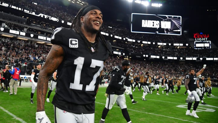 Nov 12, 2023; Paradise, Nevada, USA; Las Vegas Raiders wide receiver Davante Adams (17) celebrates the victory against the New York Jets at Allegiant Stadium. Mandatory Credit: Gary A. Vasquez-USA TODAY Sports