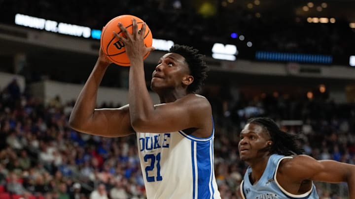 Mar 21, 2025; Raleigh, NC, USA; Duke basketball center Patrick Ngongba II (21) looks to shoot the ball against the Mount St. Mary's Mountaineers during the first half in the first round of the NCAA Tournament at Lenovo Center.
