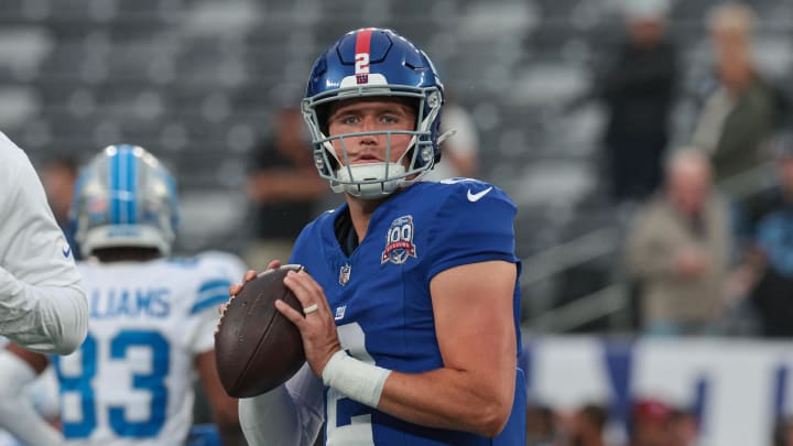 Aug 8, 2024; East Rutherford, New Jersey, USA; New York Giants quarterback Drew Lock (2) throws the ball before the game against the Detroit Lions at MetLife Stadium.  