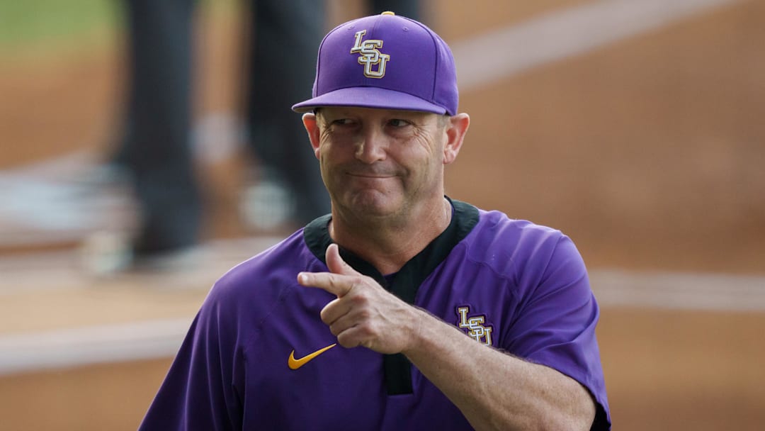 LSU head coach Jay Johnson points before LSU's game against Southeastern Louisiana