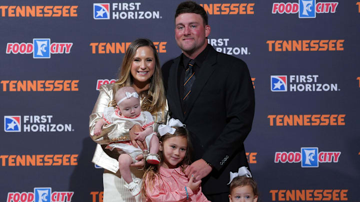Josh Elander with his wife Brittany and daughters AJ, Maxie, and Ava at a news conference where he was formally introduced as Tennessee’s baseball coach on October 27, 2025, in Knoxville, Tenn. Josh Elander with his wife Brittany and daughters AJ, Maxie, and Ava at a news conference where he was formally introduced as Tennessee’s baseball coach on October 27, 2025, in Knoxville, Tenn.