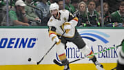 Apr 22, 2024; Dallas, Texas, USA; Vegas Golden Knights defenseman Alex Pietrangelo (7) skates against the Dallas Stars during the first period in game one of the first round of the 2024 Stanley Cup Playoffs at the American Airlines Center. Mandatory Credit: Jerome Miron-Imagn Images