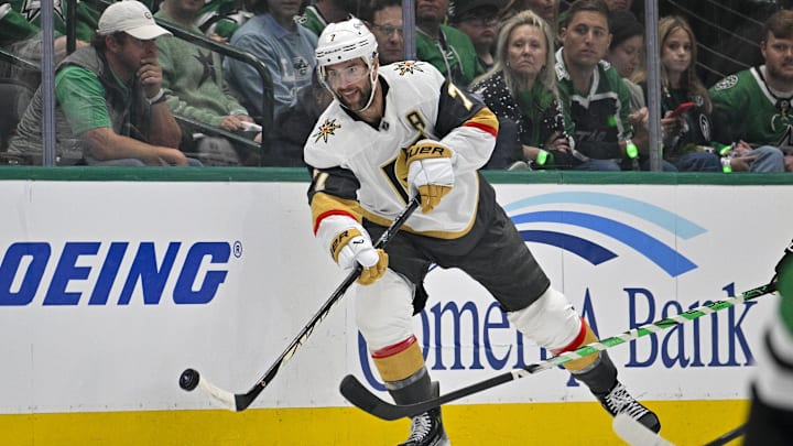 Apr 22, 2024; Dallas, Texas, USA; Vegas Golden Knights defenseman Alex Pietrangelo (7) skates against the Dallas Stars during the first period in game one of the first round of the 2024 Stanley Cup Playoffs at the American Airlines Center. Mandatory Credit: Jerome Miron-Imagn Images