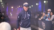 Nov 30, 2025; Nashville, Tennessee, USA; Tennessee Titans head coach Mike McCoy takes the field prior to a game against the Jacksonville Jaguars at Nissan Stadium. Mandatory Credit: Steve Roberts-Imagn Images