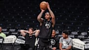 Apr 8, 2025; Brooklyn, New York, USA;  Brooklyn Nets guard Keon Johnson (45) warms up prior to the game against the New Orleans Pelicans at Barclays Center. Mandatory Credit: Wendell Cruz-Imagn Images