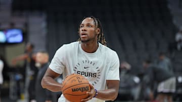 San Antonio Spurs center Charles Bassey before the game against the Los Angeles Lakers at Frost Bank Center