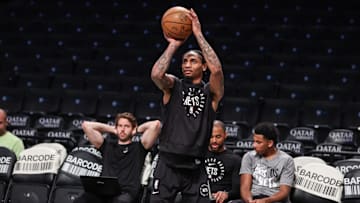 Apr 8, 2025; Brooklyn, New York, USA;  Brooklyn Nets guard Keon Johnson (45) warms up prior to the game against the New Orleans Pelicans at Barclays Center. Mandatory Credit: Wendell Cruz-Imagn Images