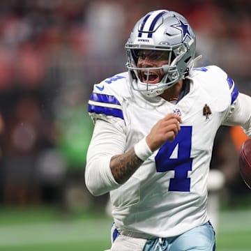 Nov 3, 2024; Atlanta, Georgia, USA; Dallas Cowboys quarterback Dak Prescott (4) runs the ball against the Atlanta Falcons in the second quarter at Mercedes-Benz Stadium. Mandatory Credit: Brett Davis-Imagn Images